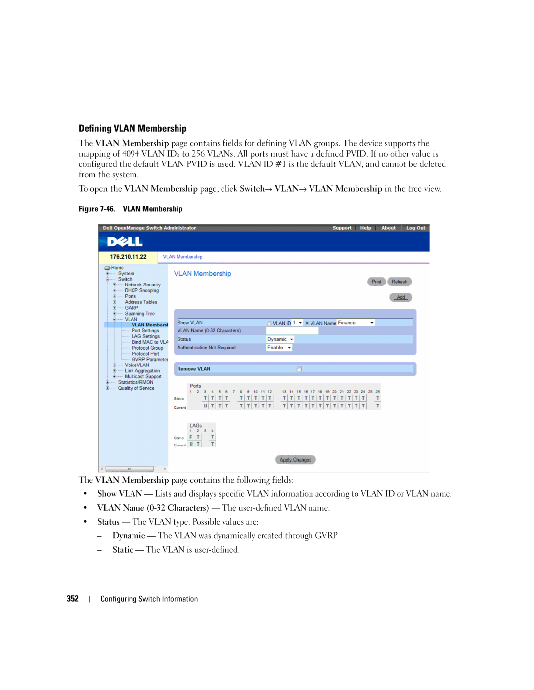 Dell 3548 manual Defining Vlan Membership 