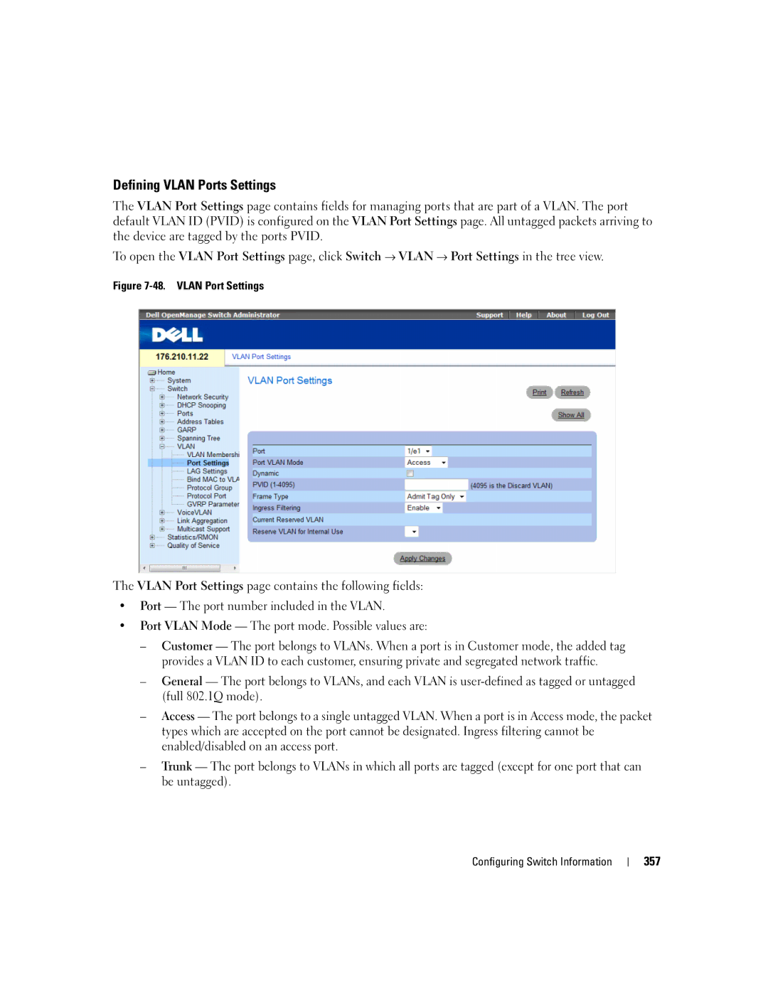 Dell 3548 manual Defining Vlan Ports Settings, Vlan Port Settings 