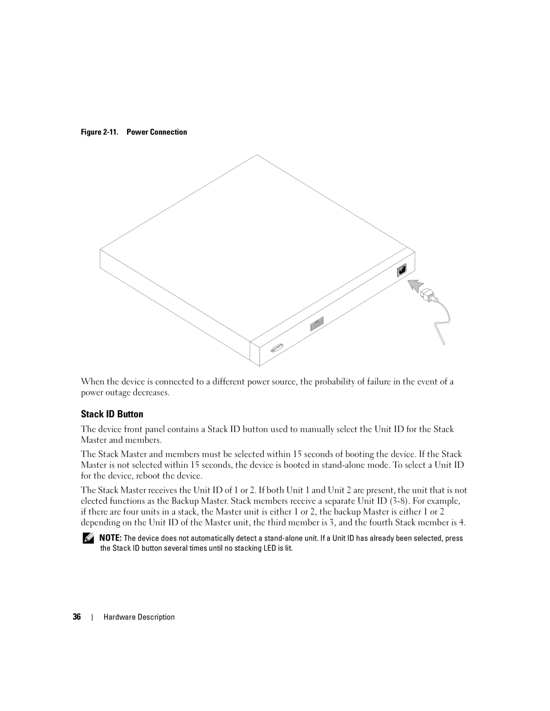 Dell 3548 manual Stack ID Button, Power Connection 