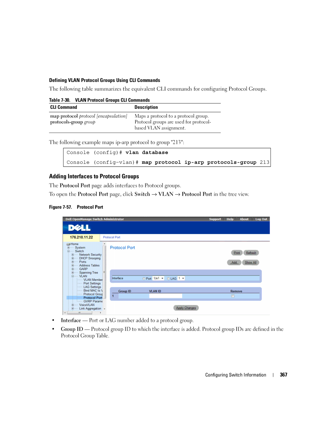 Dell 3548 manual Adding Interfaces to Protocol Groups, Console config-vlan#map protocol ip-arp protocols-group 