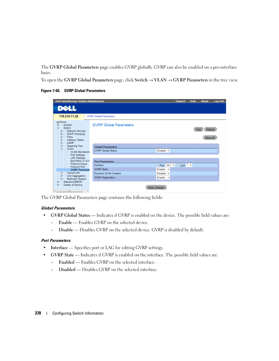 Dell 3548 manual Gvrp Global Parameters page contains the following fields 