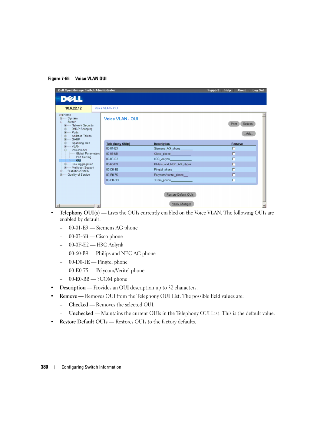 Dell 3548 manual Voice Vlan OUI 