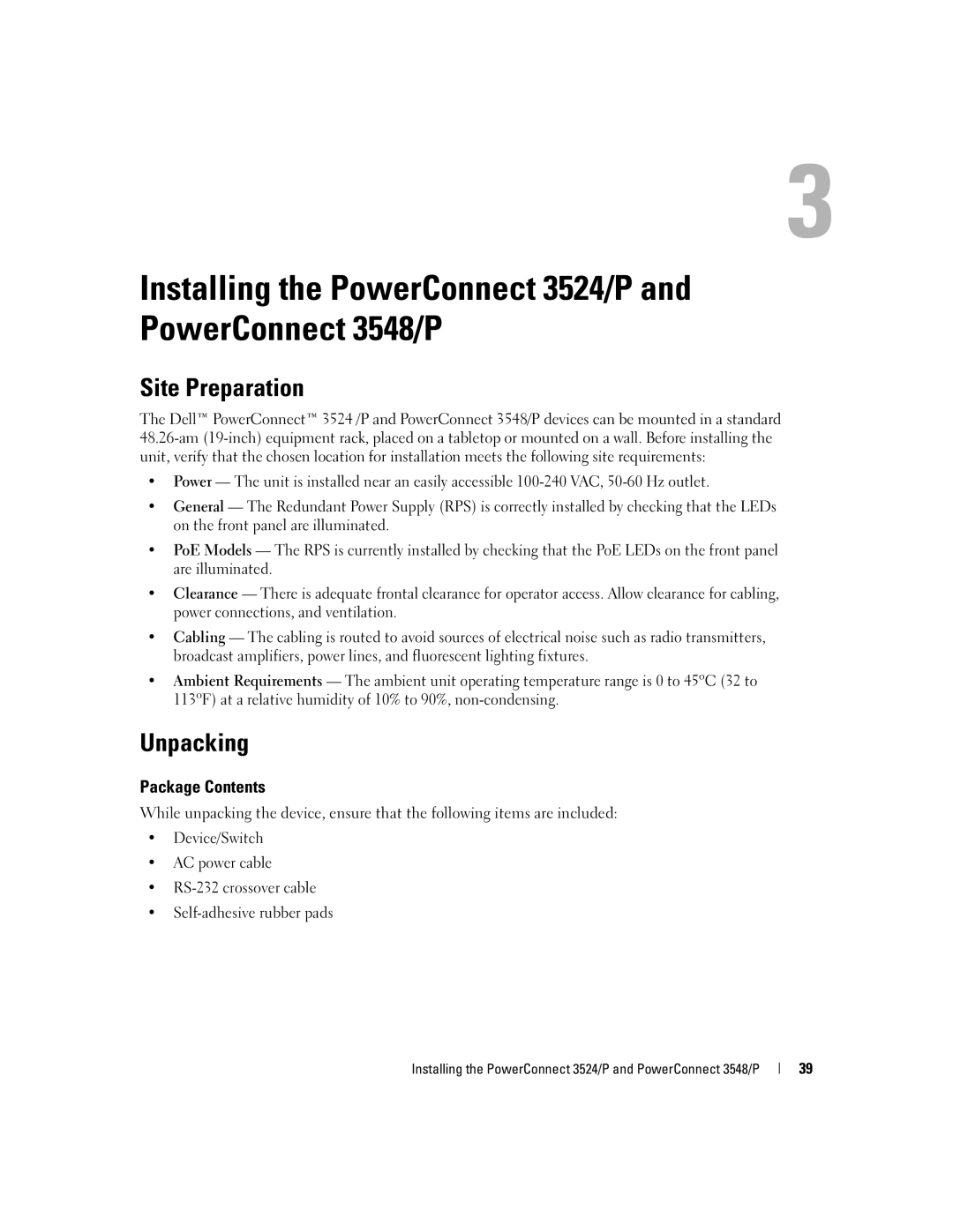 Dell 3548 manual Site Preparation, Unpacking, Package Contents 