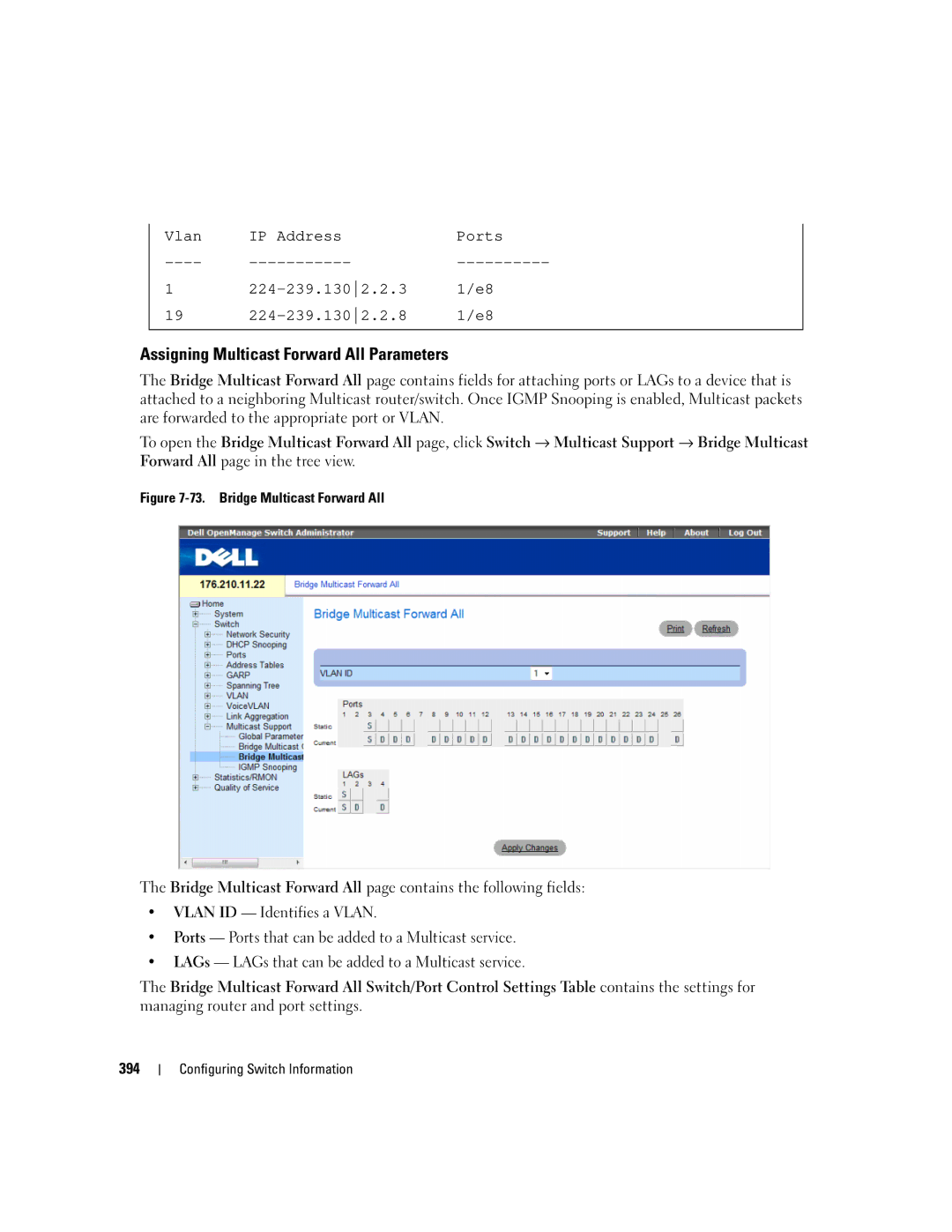 Dell 3548 manual Assigning Multicast Forward All Parameters, Bridge Multicast Forward All 