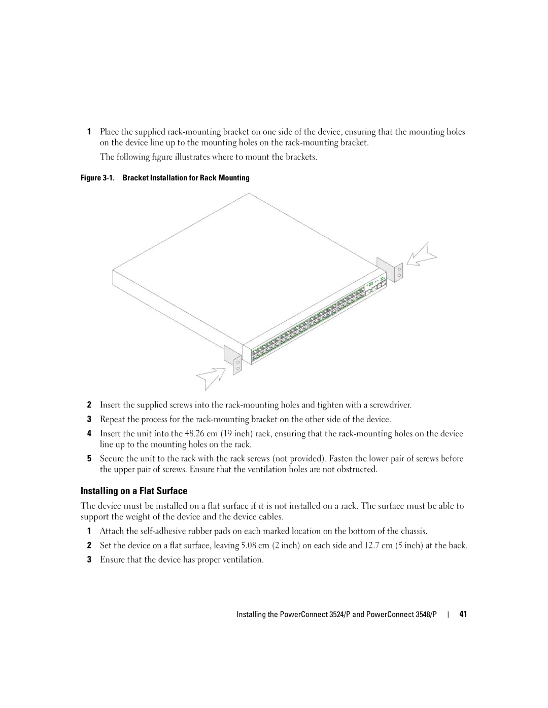 Dell 3548 manual Installing on a Flat Surface, Bracket Installation for Rack Mounting 