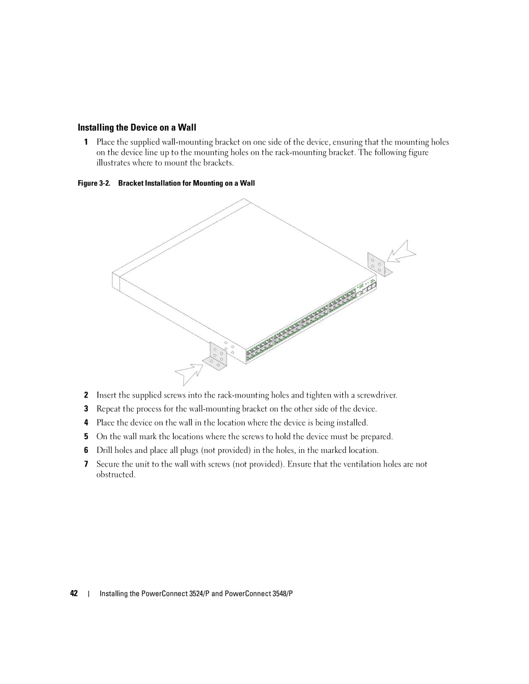 Dell 3548 manual Installing the Device on a Wall, Bracket Installation for Mounting on a Wall 