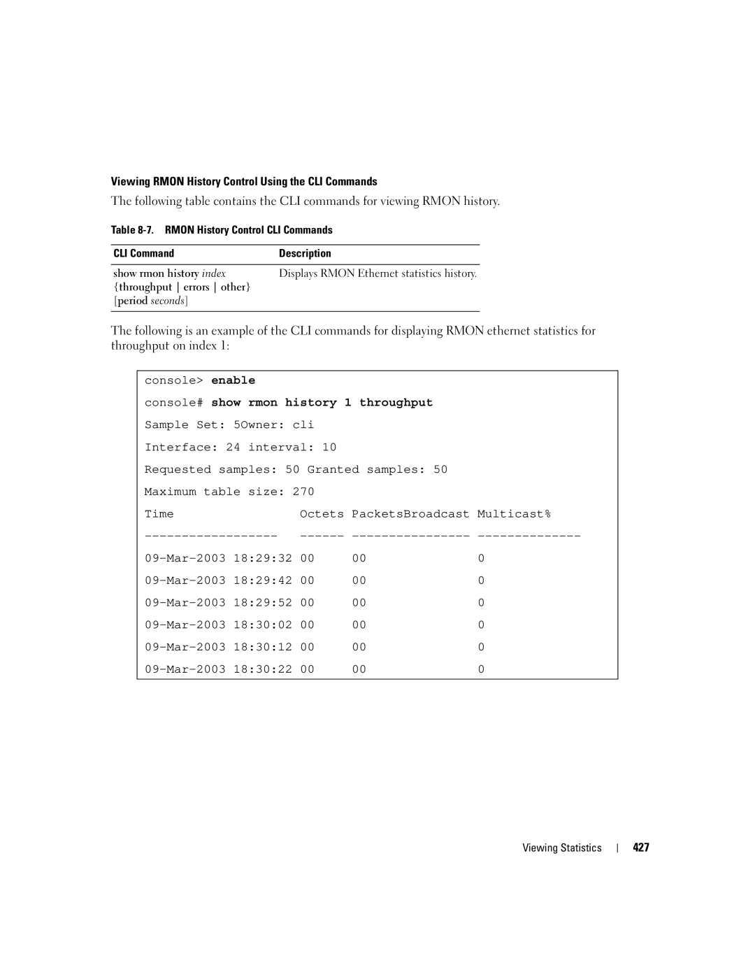 Dell 3548 manual Console# show rmon history 1 throughput 