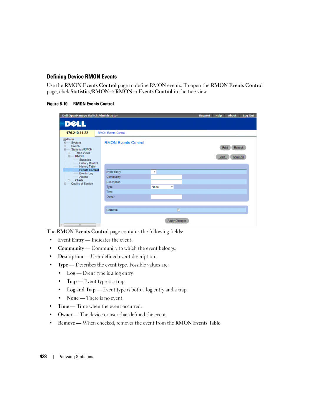 Dell 3548 manual Defining Device Rmon Events, Rmon Events Control 