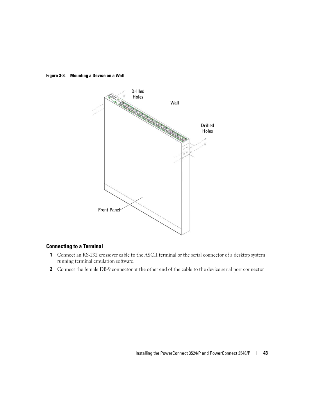 Dell 3548 manual Connecting to a Terminal, Mounting a Device on a Wall Drilled Holes Front Panel 