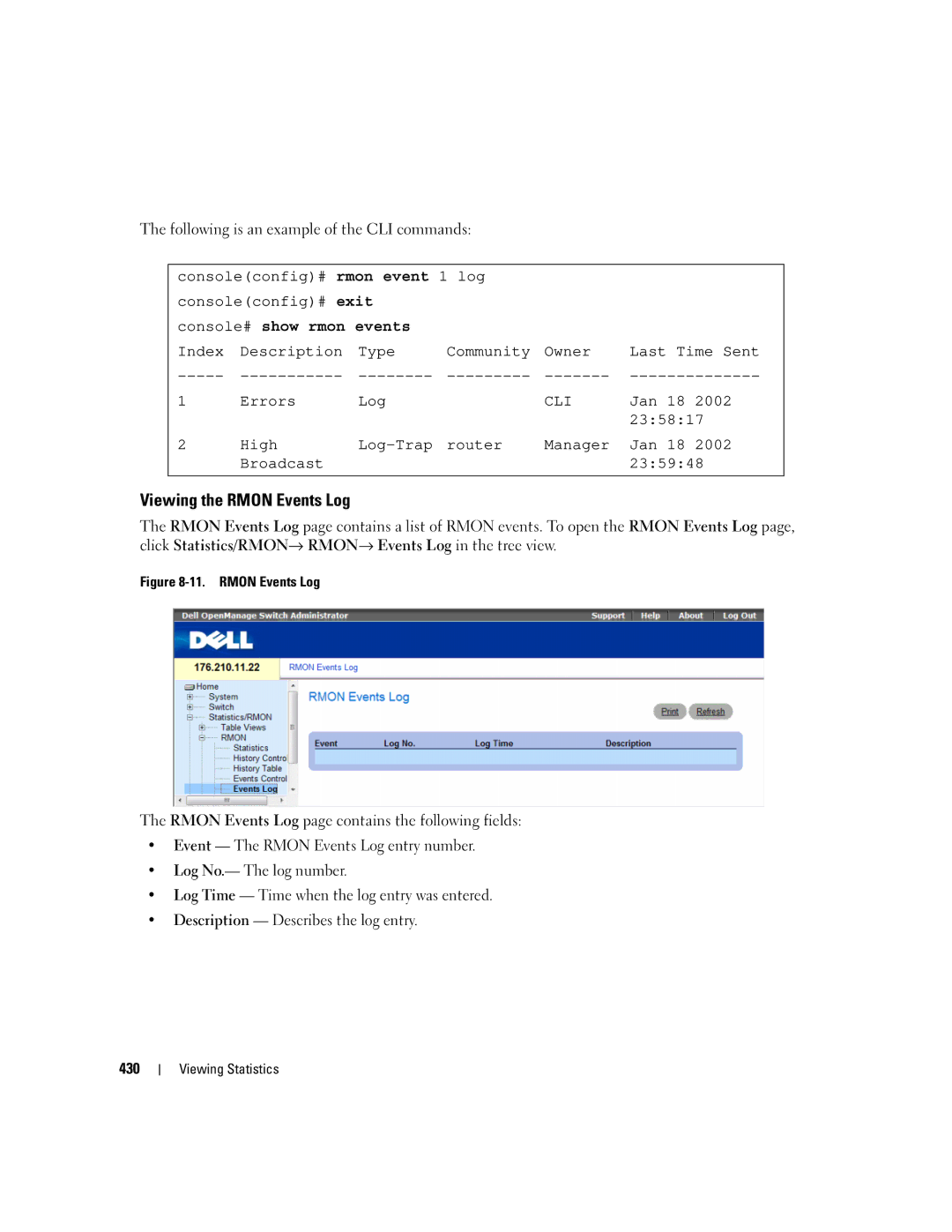 Dell 3548 manual Viewing the Rmon Events Log, Console# show rmon events 