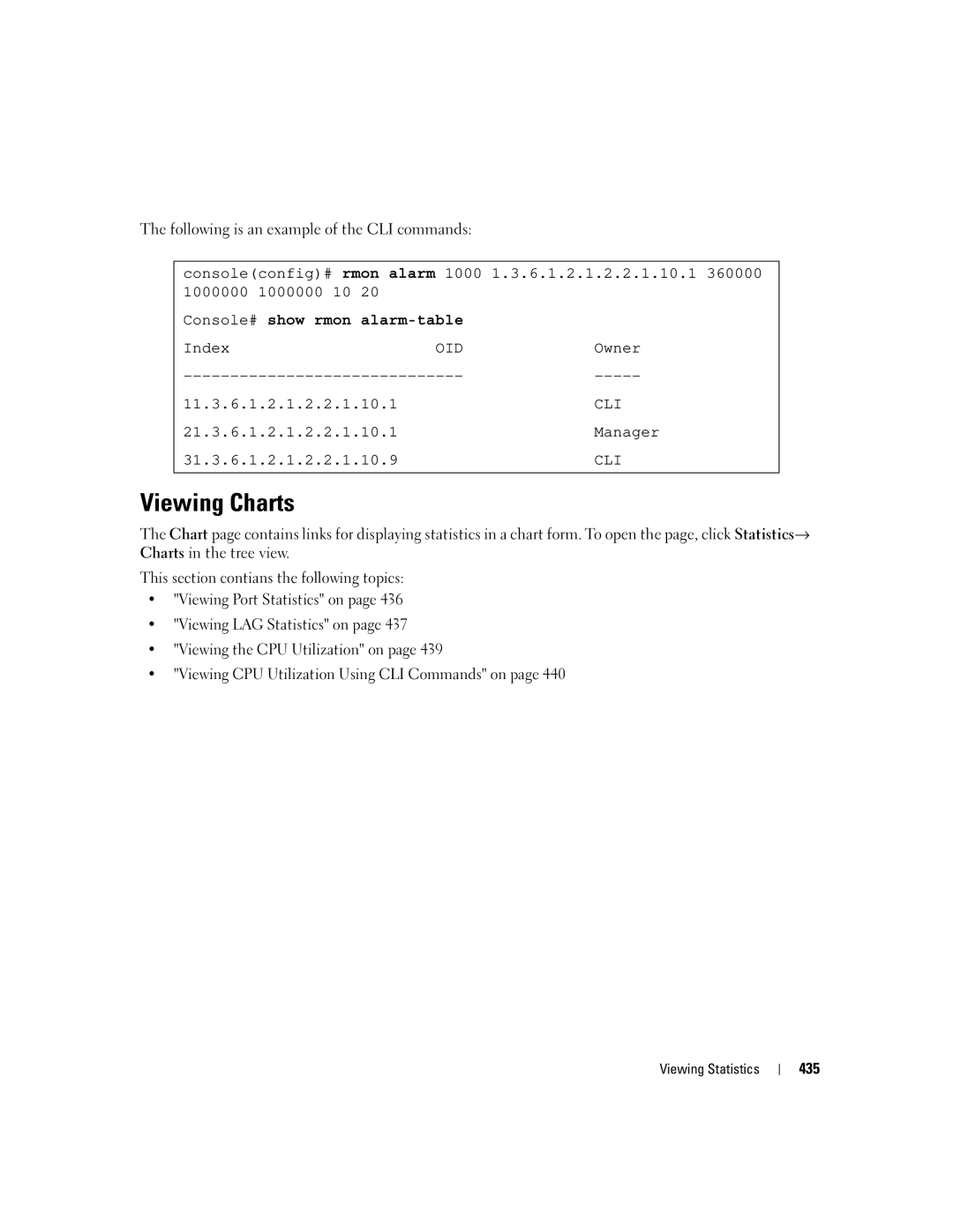 Dell 3548 manual Viewing Charts, Console# show rmon alarm-table 