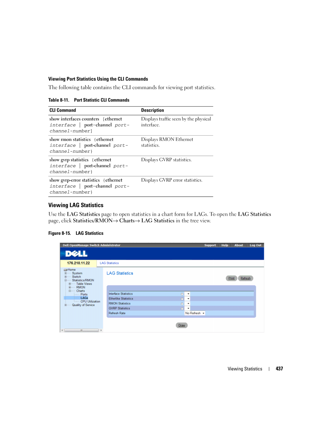 Dell 3548 manual Viewing LAG Statistics, LAG Statistics Viewing Statistics 