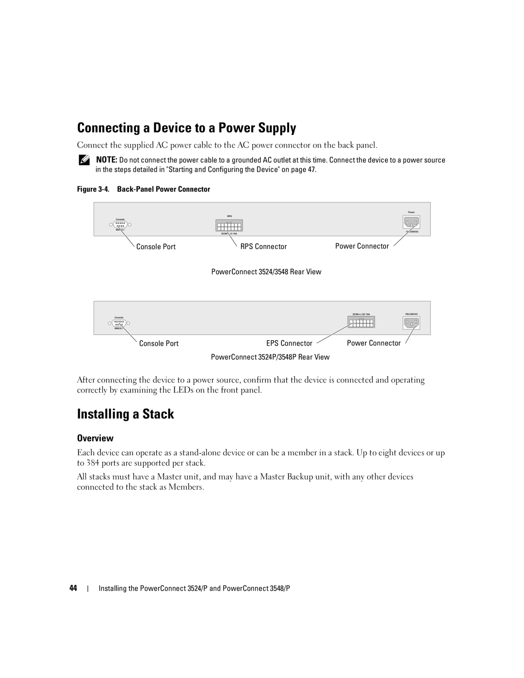 Dell 3548 manual Connecting a Device to a Power Supply, Installing a Stack, Overview 