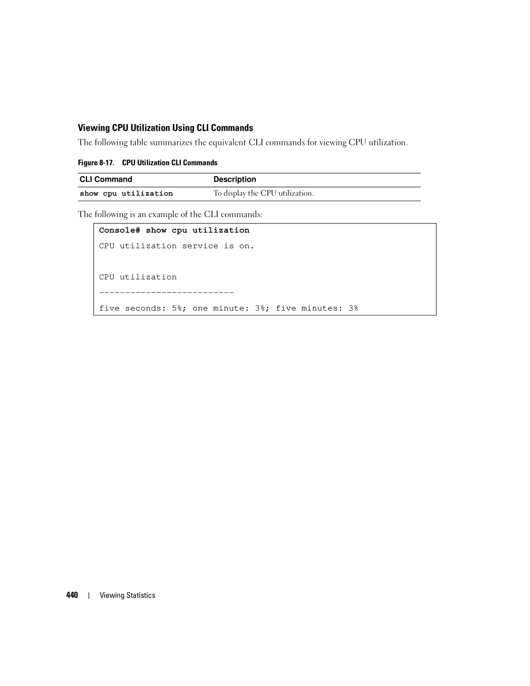 Dell 3548 manual Viewing CPU Utilization Using CLI Commands, Console# show cpu utilization 