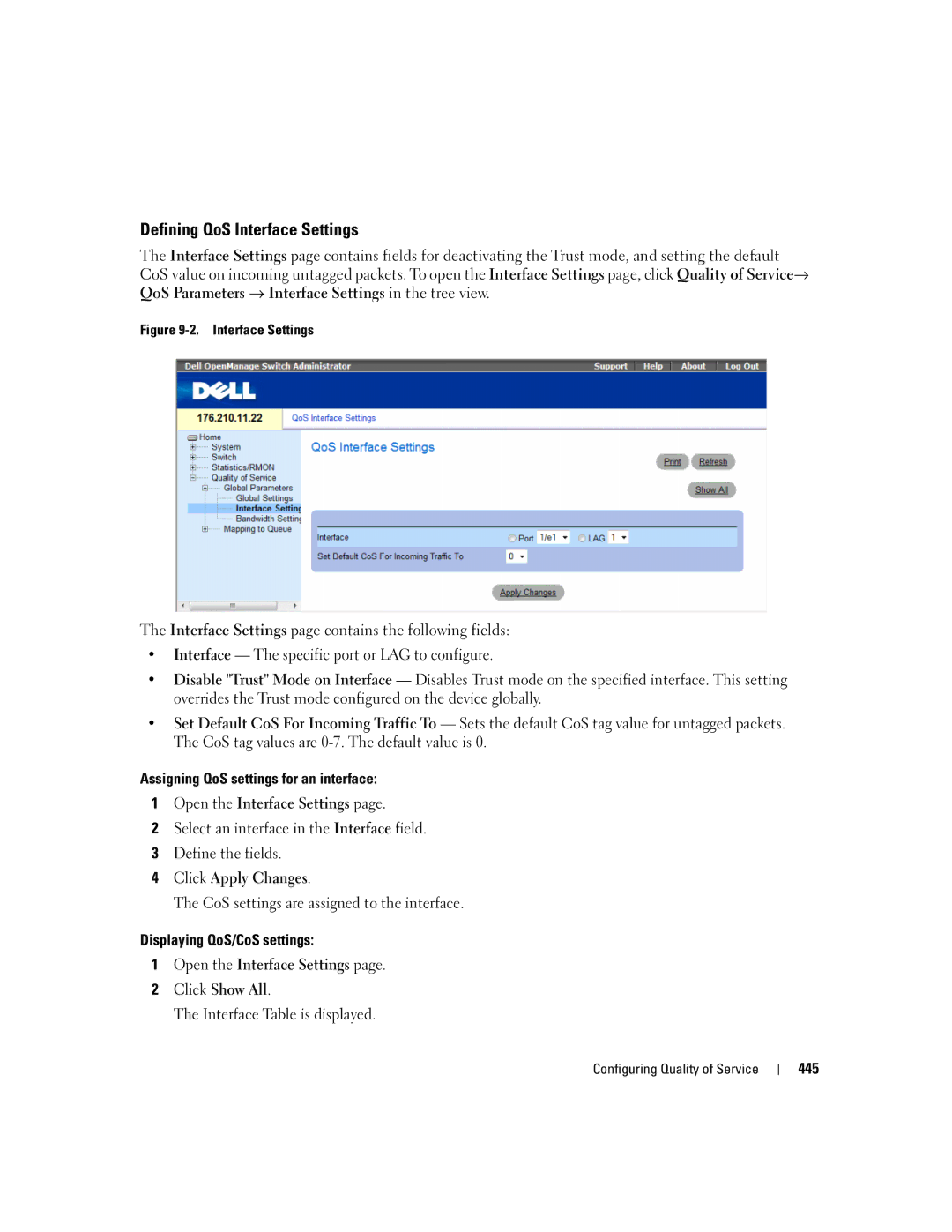 Dell 3548 manual Defining QoS Interface Settings 