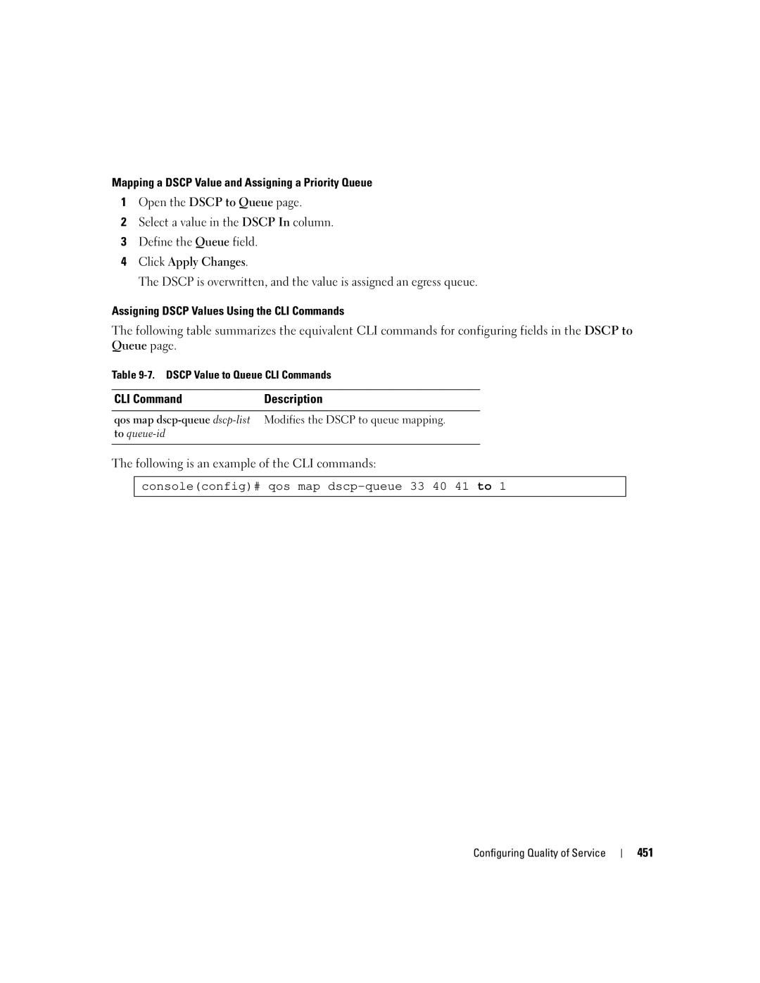 Dell 3548 manual Consoleconfig# qos map dscp-queue 33 40 41 to 