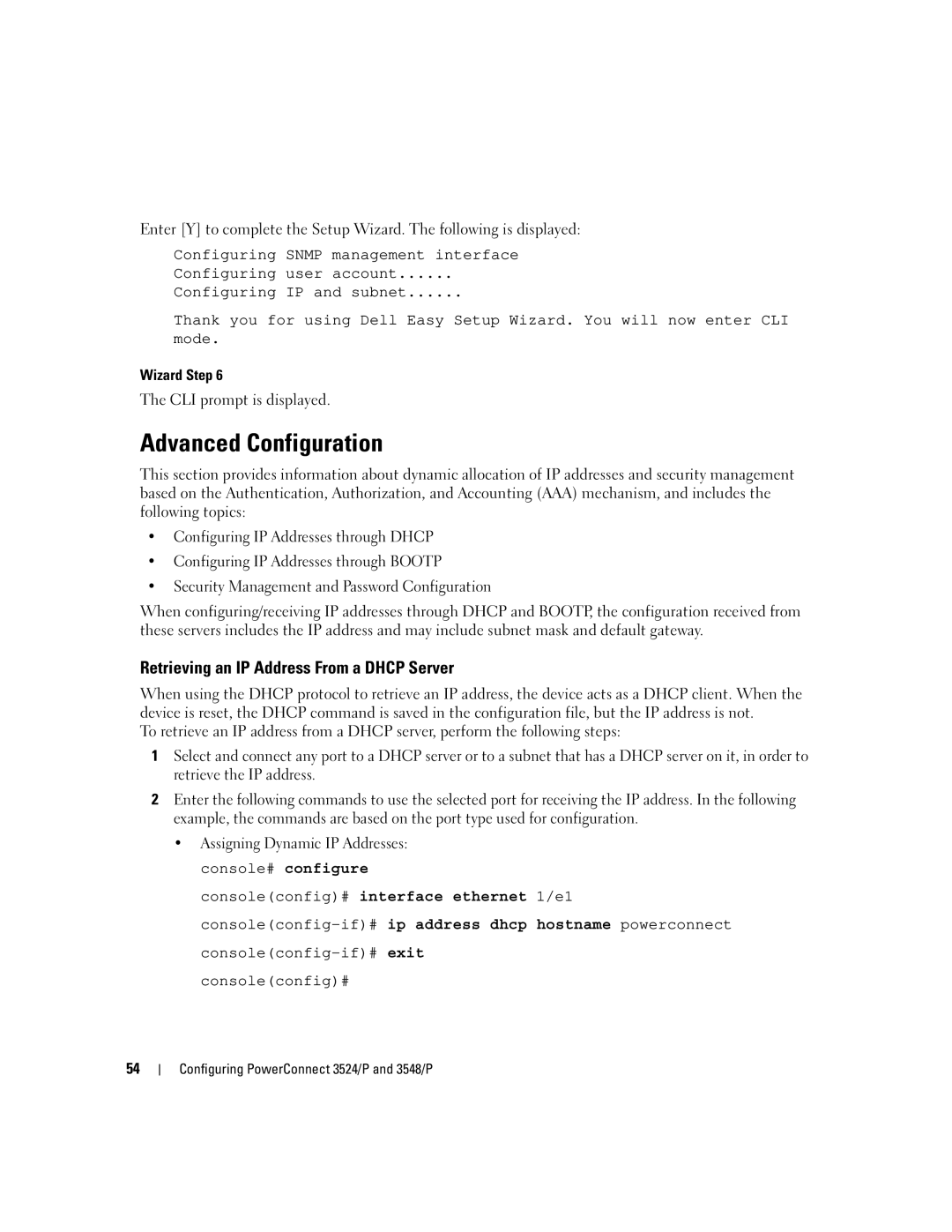 Dell 3548 manual Advanced Configuration, Retrieving an IP Address From a Dhcp Server 