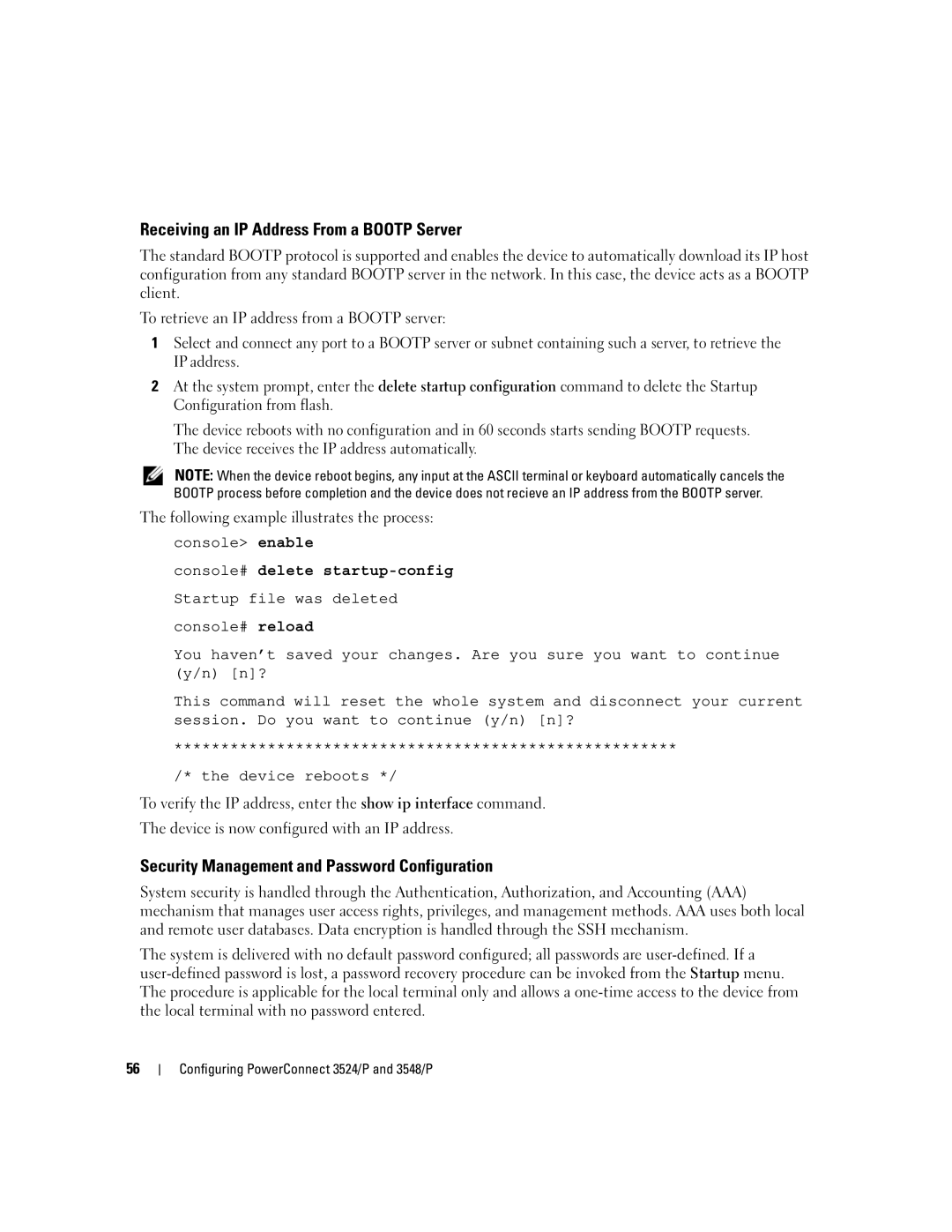 Dell 3548 manual Receiving an IP Address From a Bootp Server, Security Management and Password Configuration 