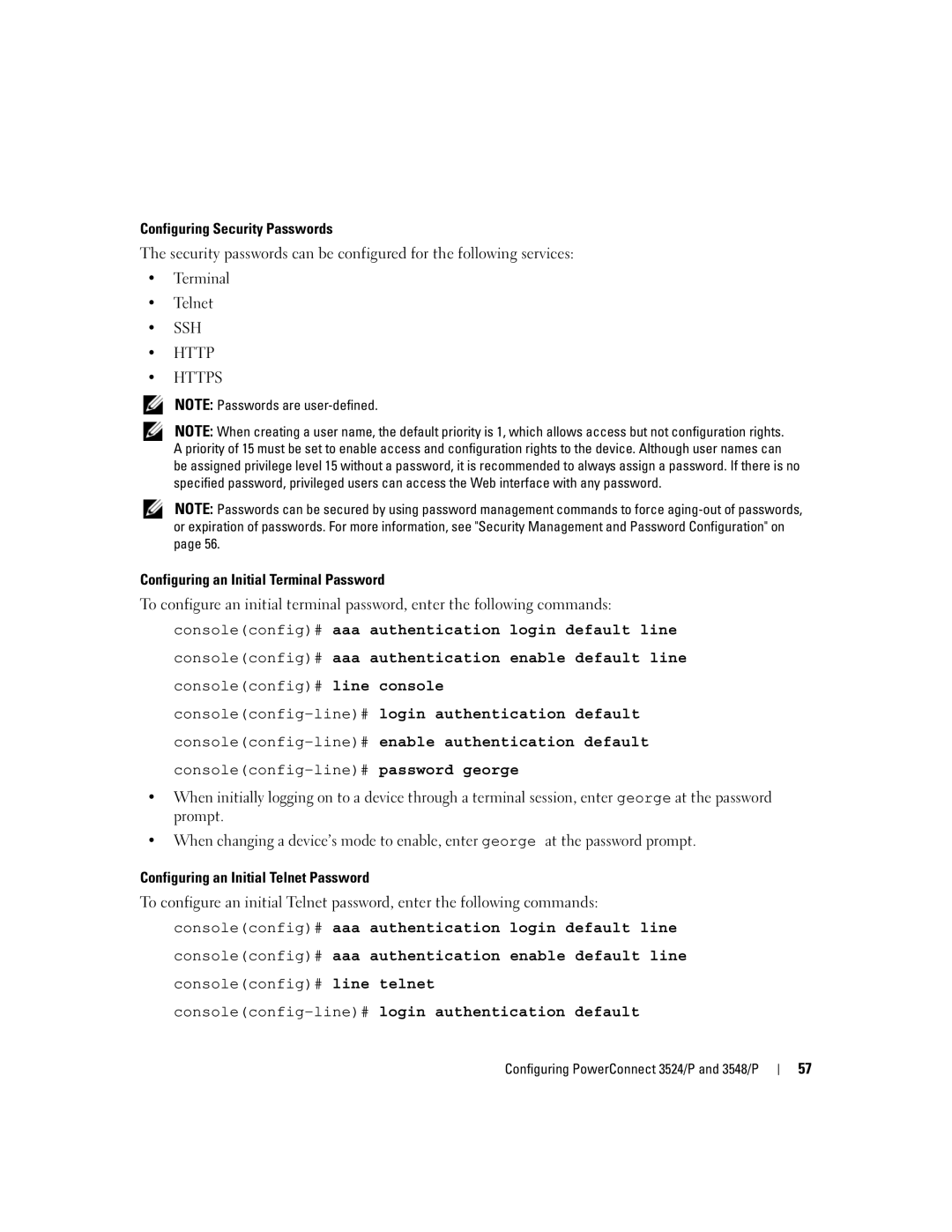 Dell 3548 manual SSH Http Https, Consoleconfig-line#login authentication default 