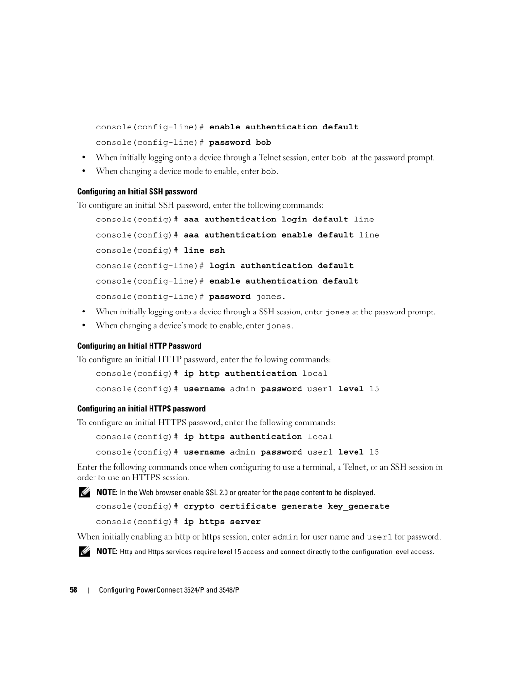 Dell 3548 manual Consoleconfig-line#enable authentication default, Consoleconfig# ip http authentication local 