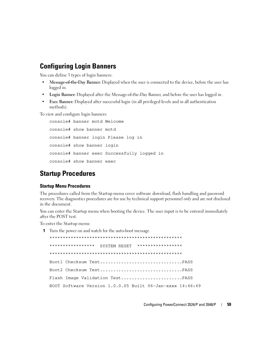 Dell 3548 manual Configuring Login Banners, Startup Procedures, Startup Menu Procedures 