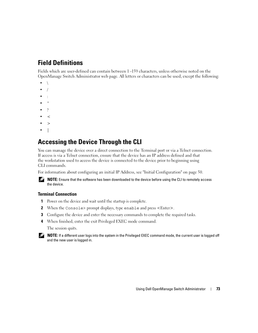 Dell 3548 manual Field Definitions, Accessing the Device Through the CLI, Terminal Connection 