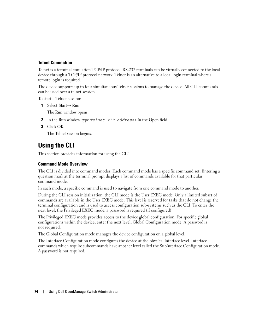 Dell 3548 manual Using the CLI, Telnet Connection, Command Mode Overview 