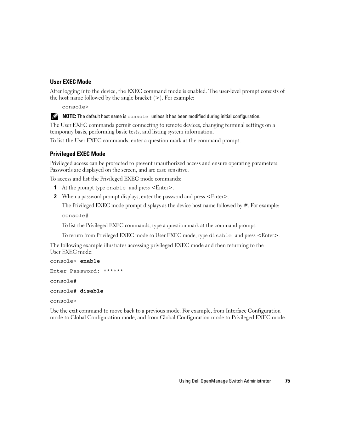 Dell 3548 manual User Exec Mode, Privileged Exec Mode 