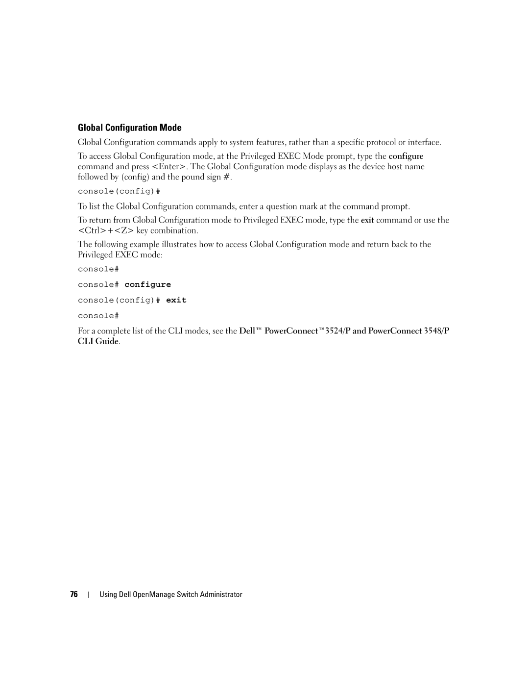 Dell 3548 manual Global Configuration Mode, Consoleconfig# 