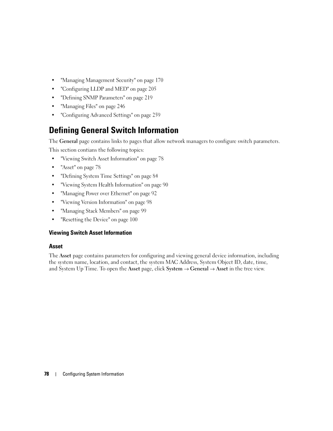 Dell 3548 manual Defining General Switch Information, Viewing Switch Asset Information 