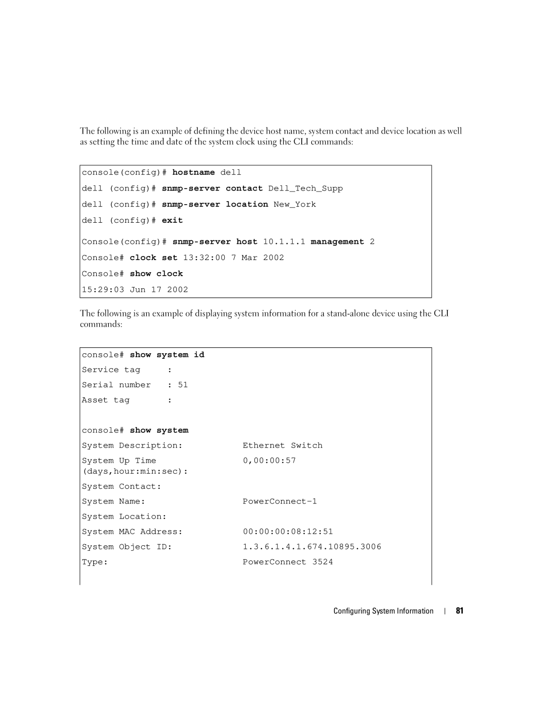 Dell 3548 manual Console# show system id 