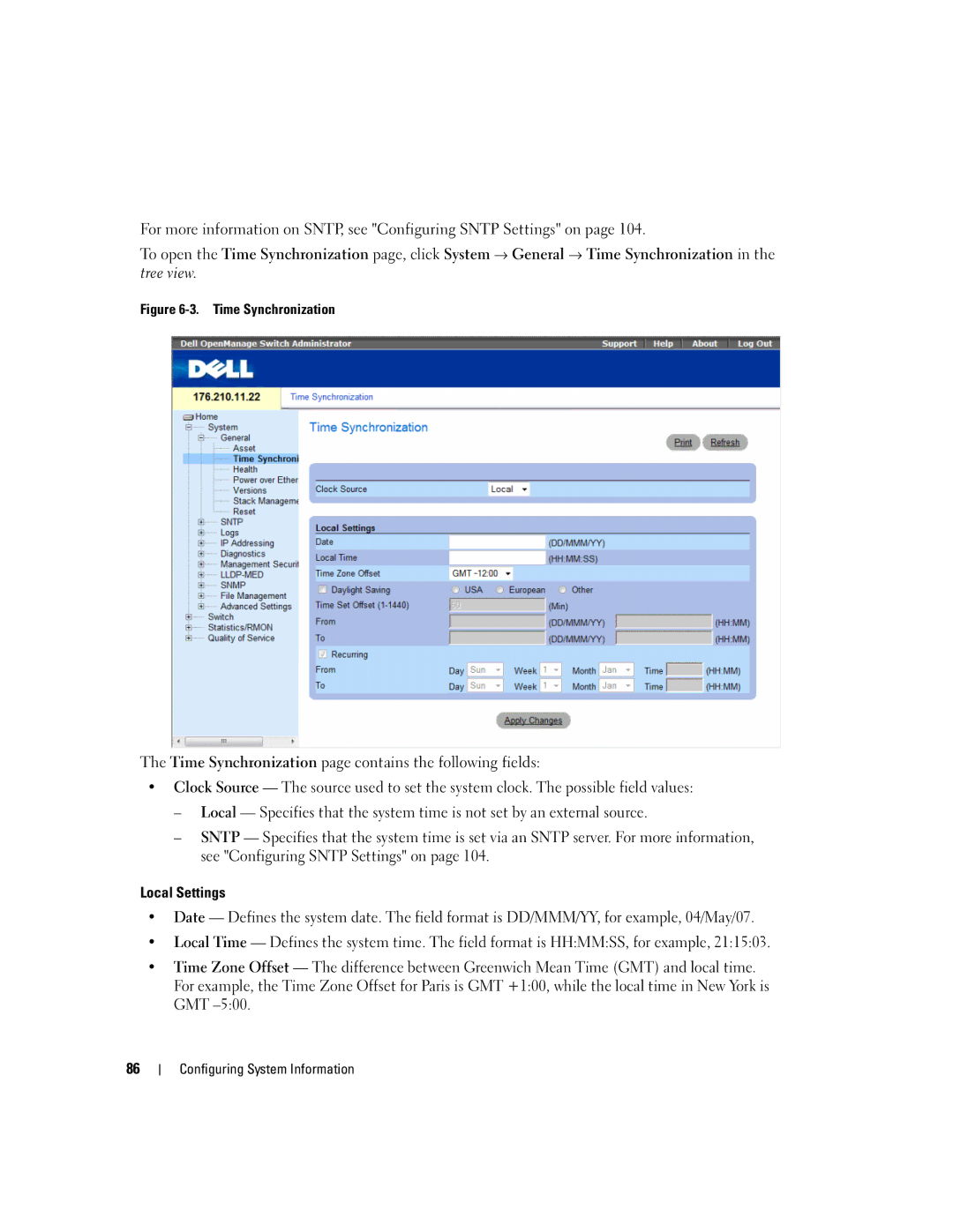 Dell 3548 manual Time Synchronization 