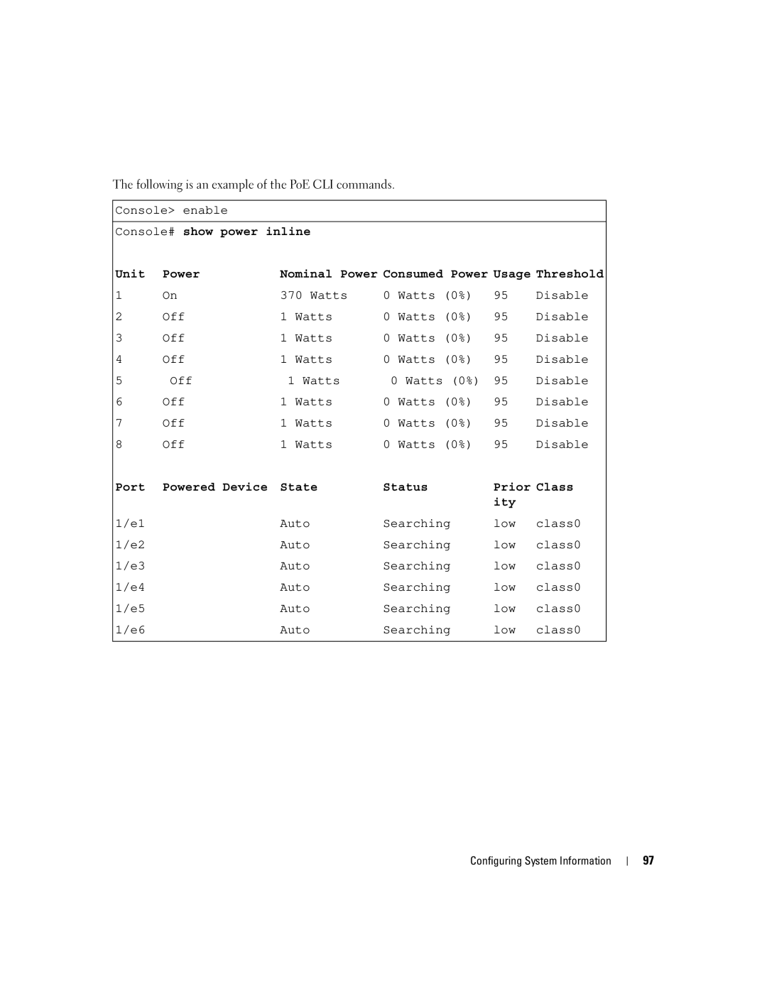 Dell 3548 manual Console# show power inline Unit Power, Port Powered Device State Status Prior Class Ity 