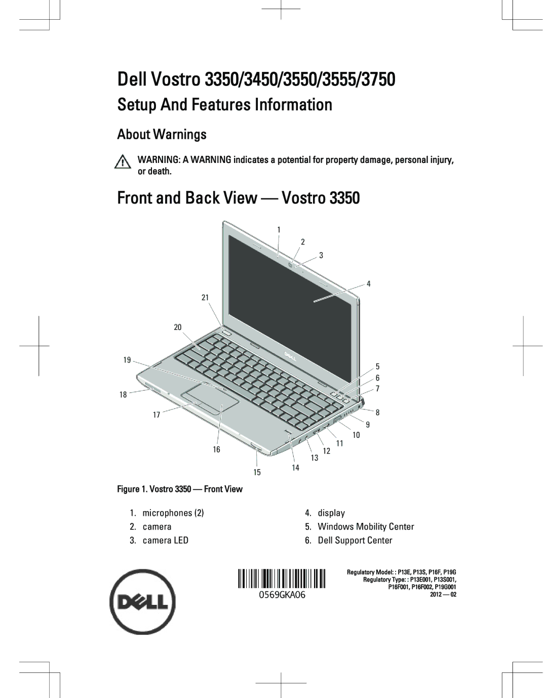 Dell 3555, 3550, 3750, 3350, 3450 manual Setup And Features Information, Front and Back View Vostro 