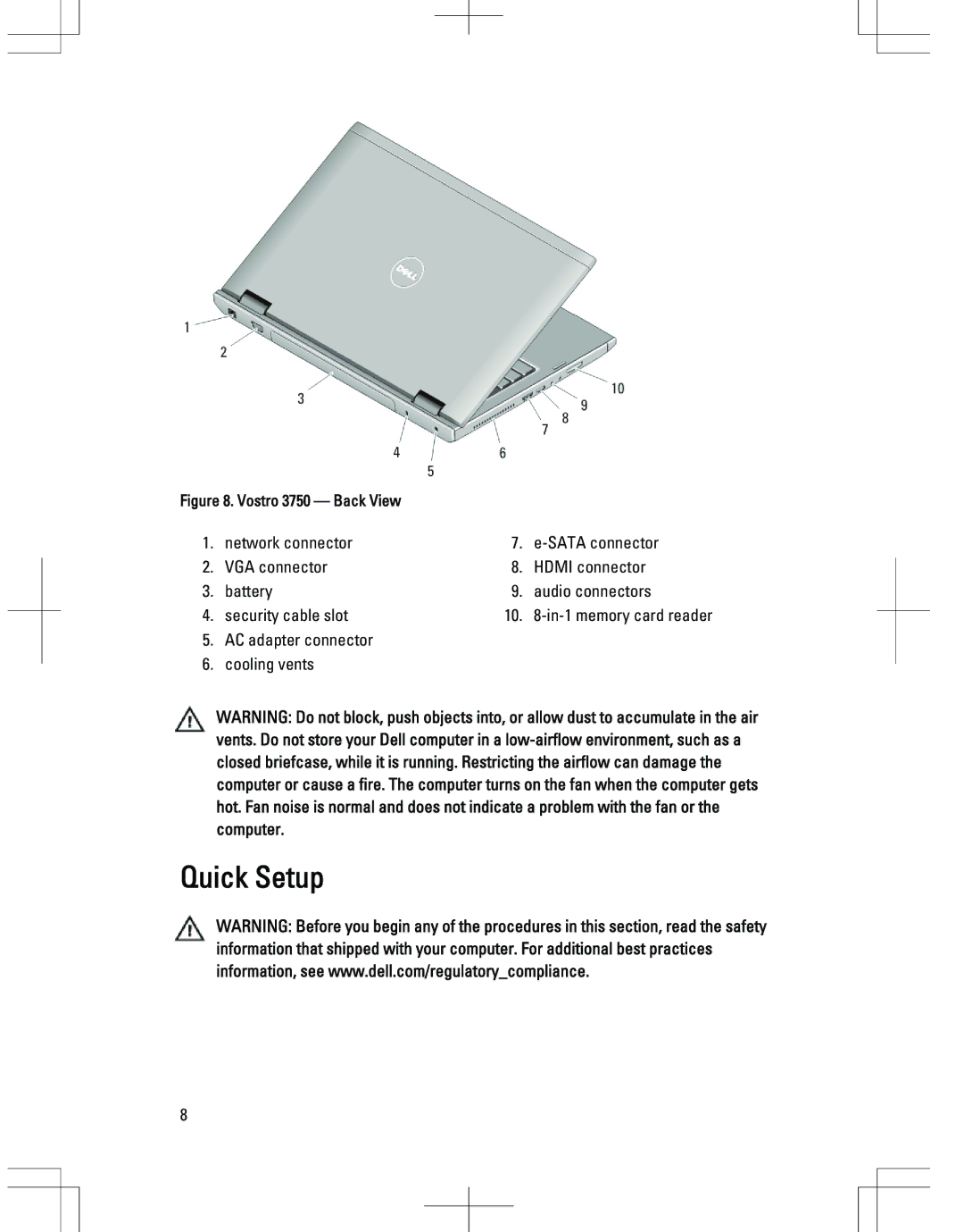 Dell 3350, 3550, 3555, 3450 manual Quick Setup, Vostro 3750 Back View 