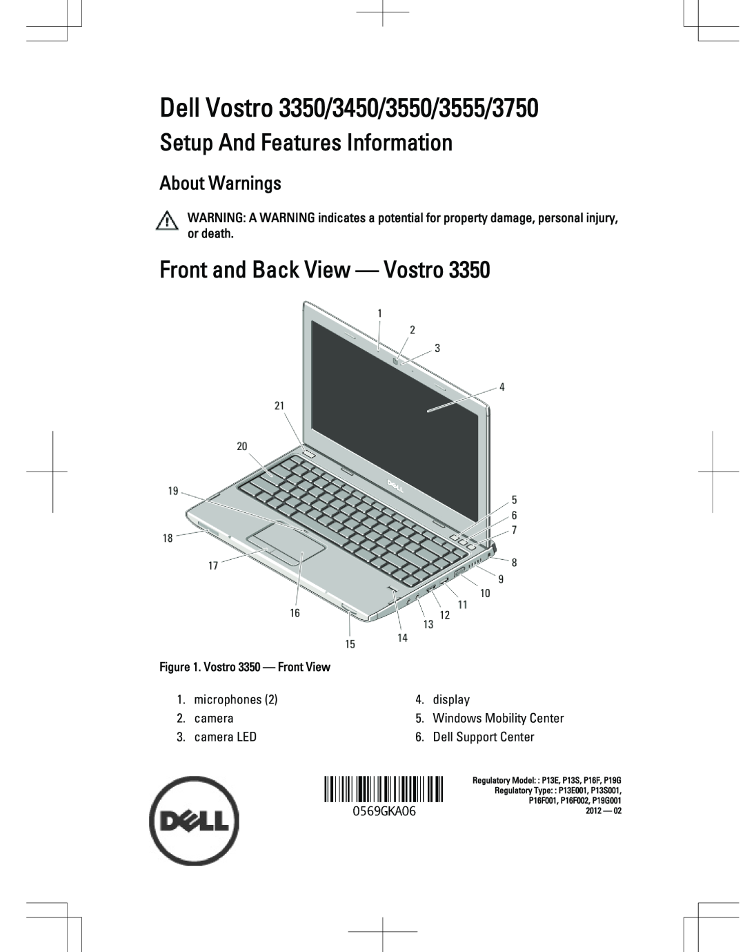 Dell manual Setup And Features Information, Front and Back View - Vostro, Dell Vostro 3350/3450/3550/3555/3750 