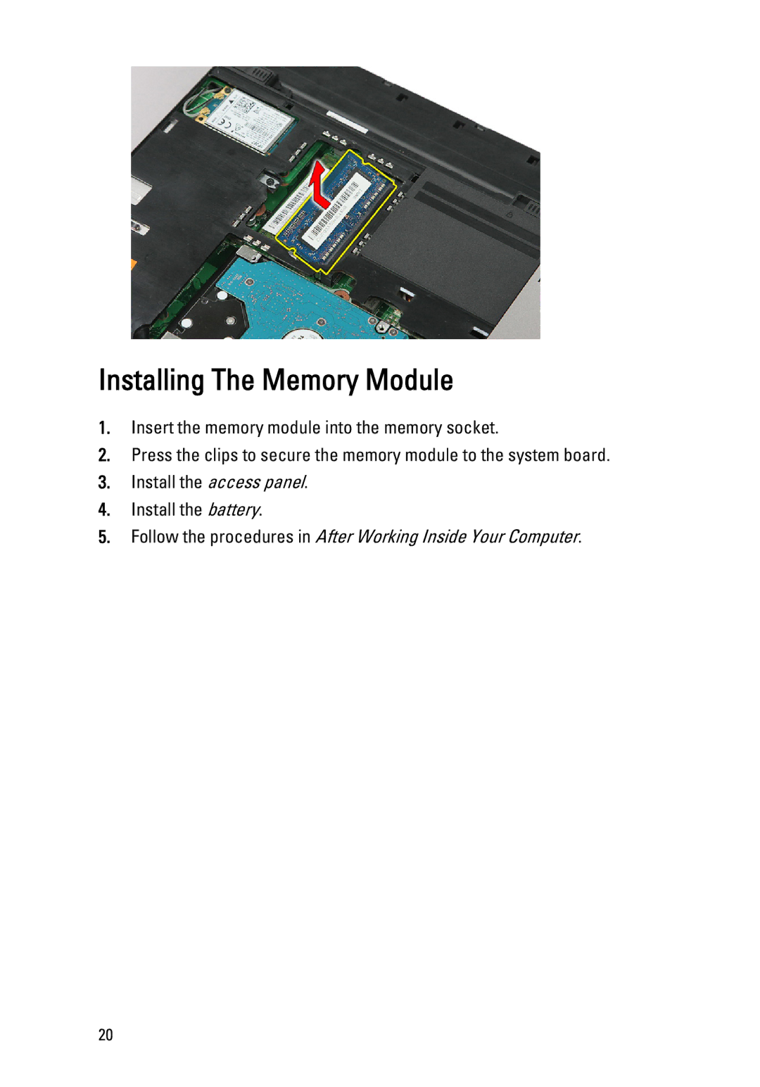 Dell 3550 owner manual Installing The Memory Module 