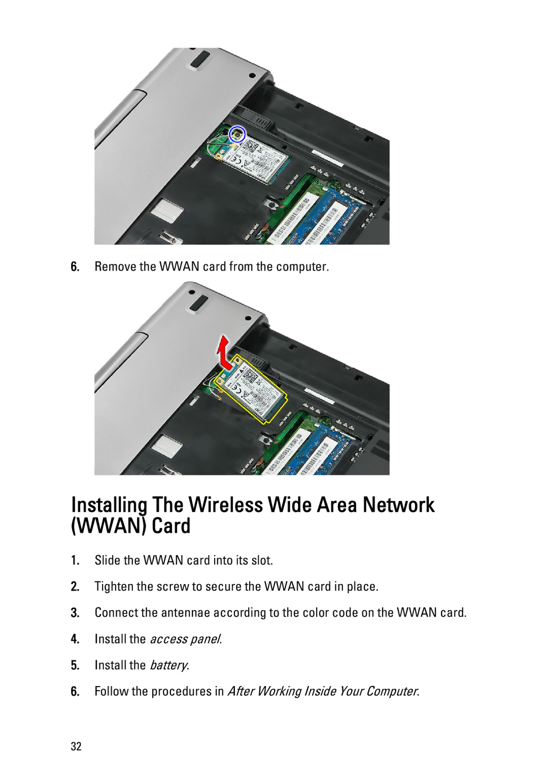 Dell 3550 owner manual Installing The Wireless Wide Area Network Wwan Card 