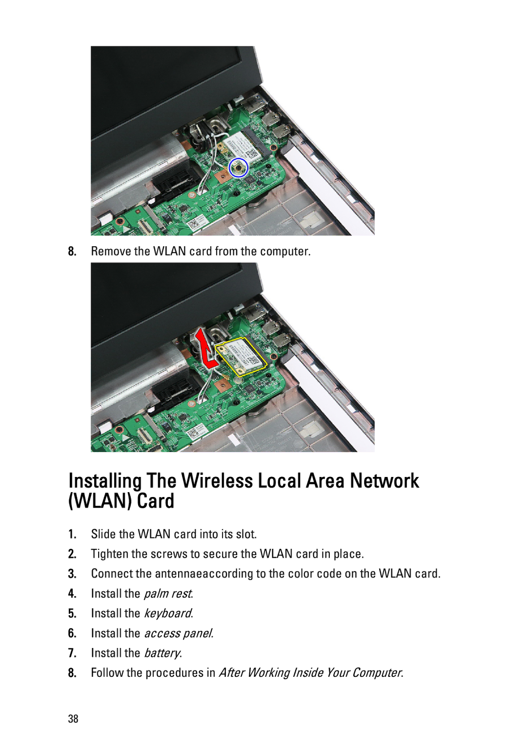 Dell 3550 owner manual Installing The Wireless Local Area Network Wlan Card 