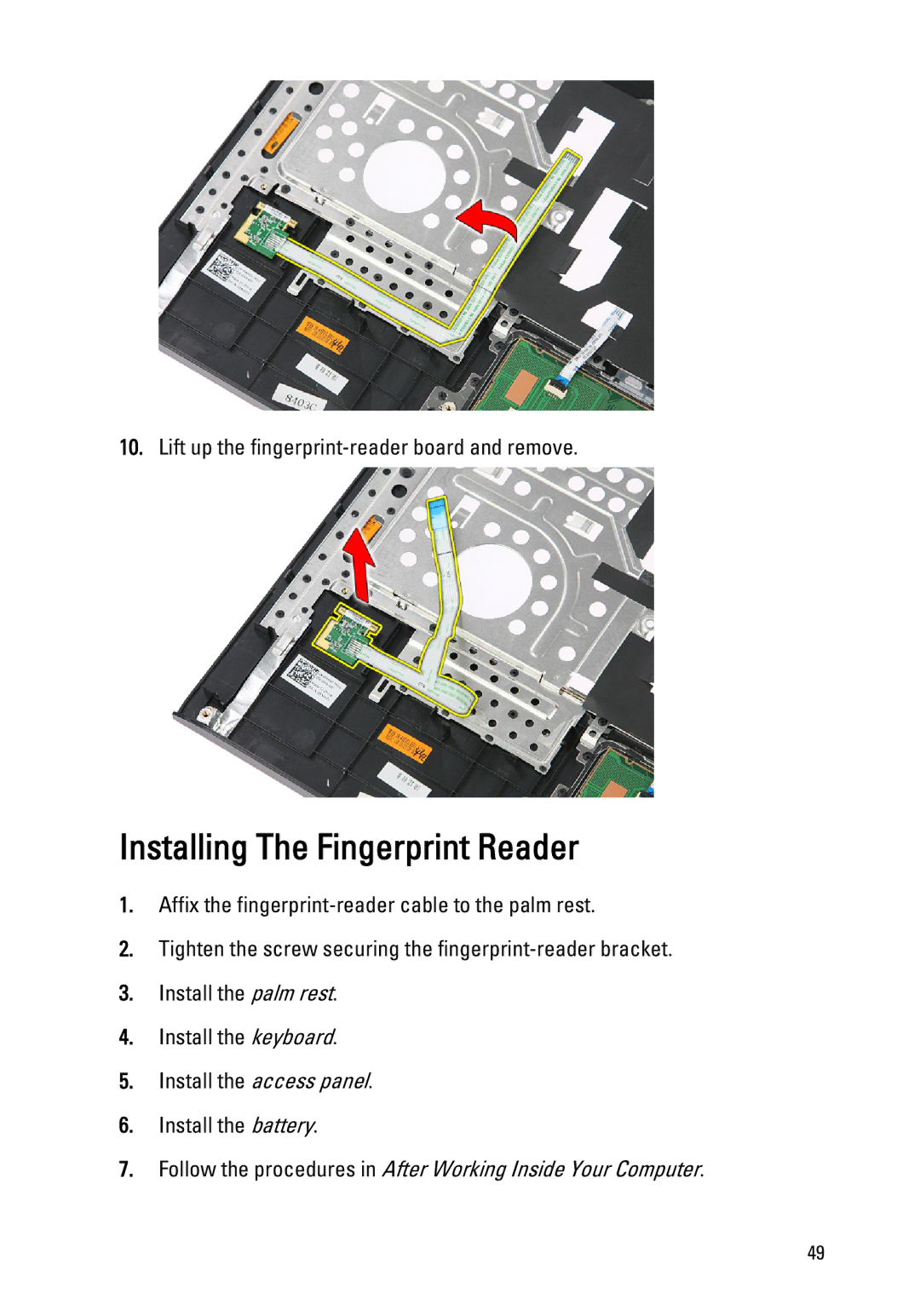 Dell 3550 owner manual Installing The Fingerprint Reader 