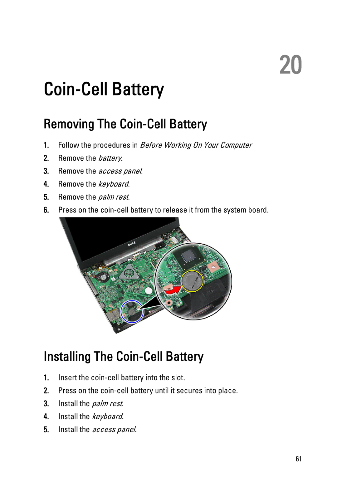 Dell 3550 owner manual Removing The Coin-Cell Battery, Installing The Coin-Cell Battery 