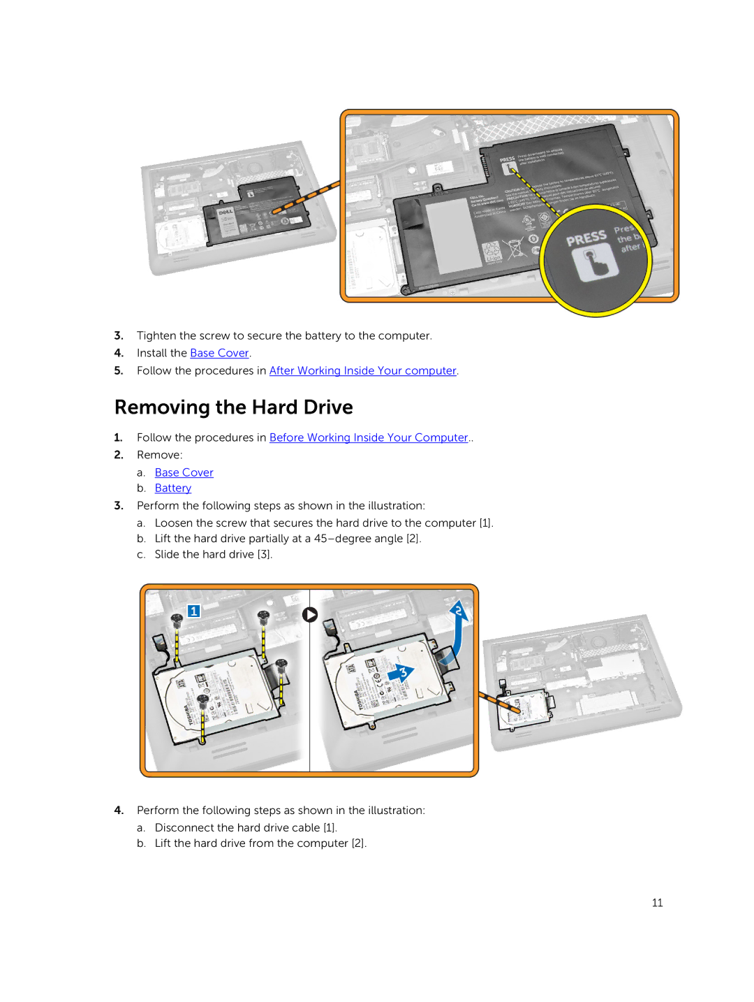 Dell 3550 owner manual Removing the Hard Drive, Base Cover Battery 