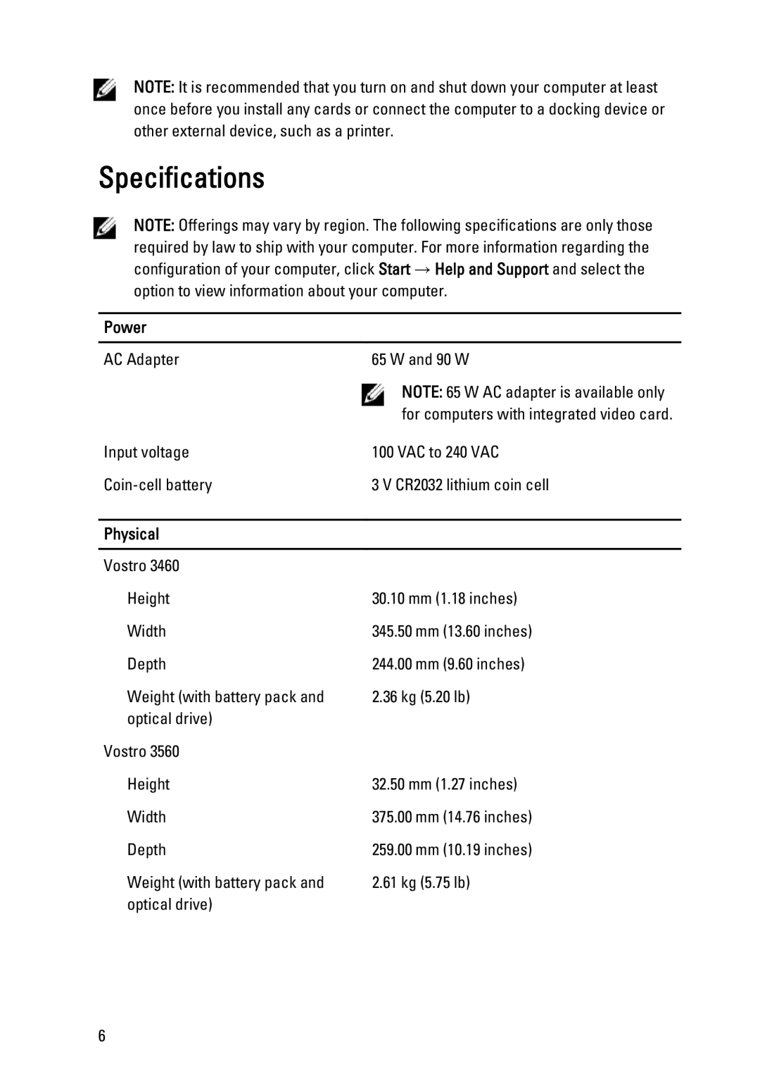 Dell 3560, 3460 manual Specifications, Power 