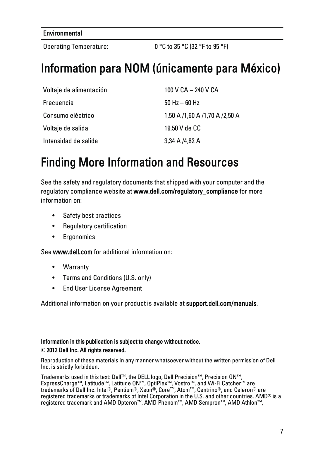 Dell 3460, 3560 manual Information para NOM únicamente para México, Finding More Information and Resources, Environmental 