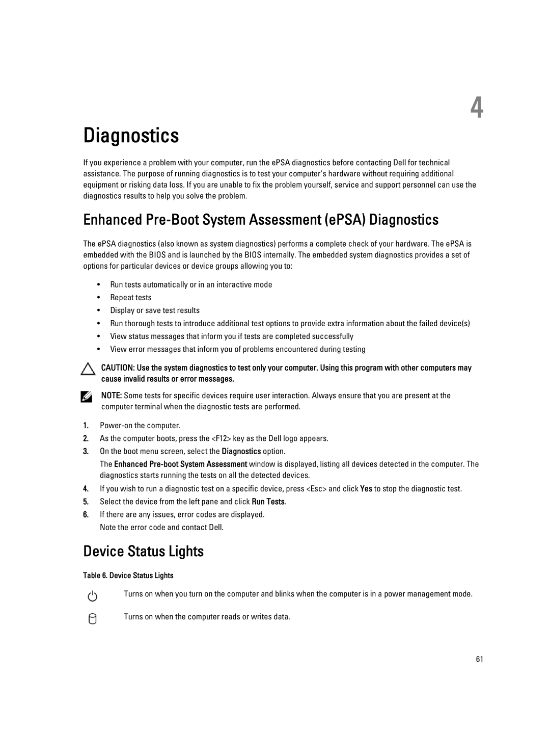 Dell 3560 owner manual Enhanced Pre-Boot System Assessment ePSA Diagnostics, Device Status Lights 