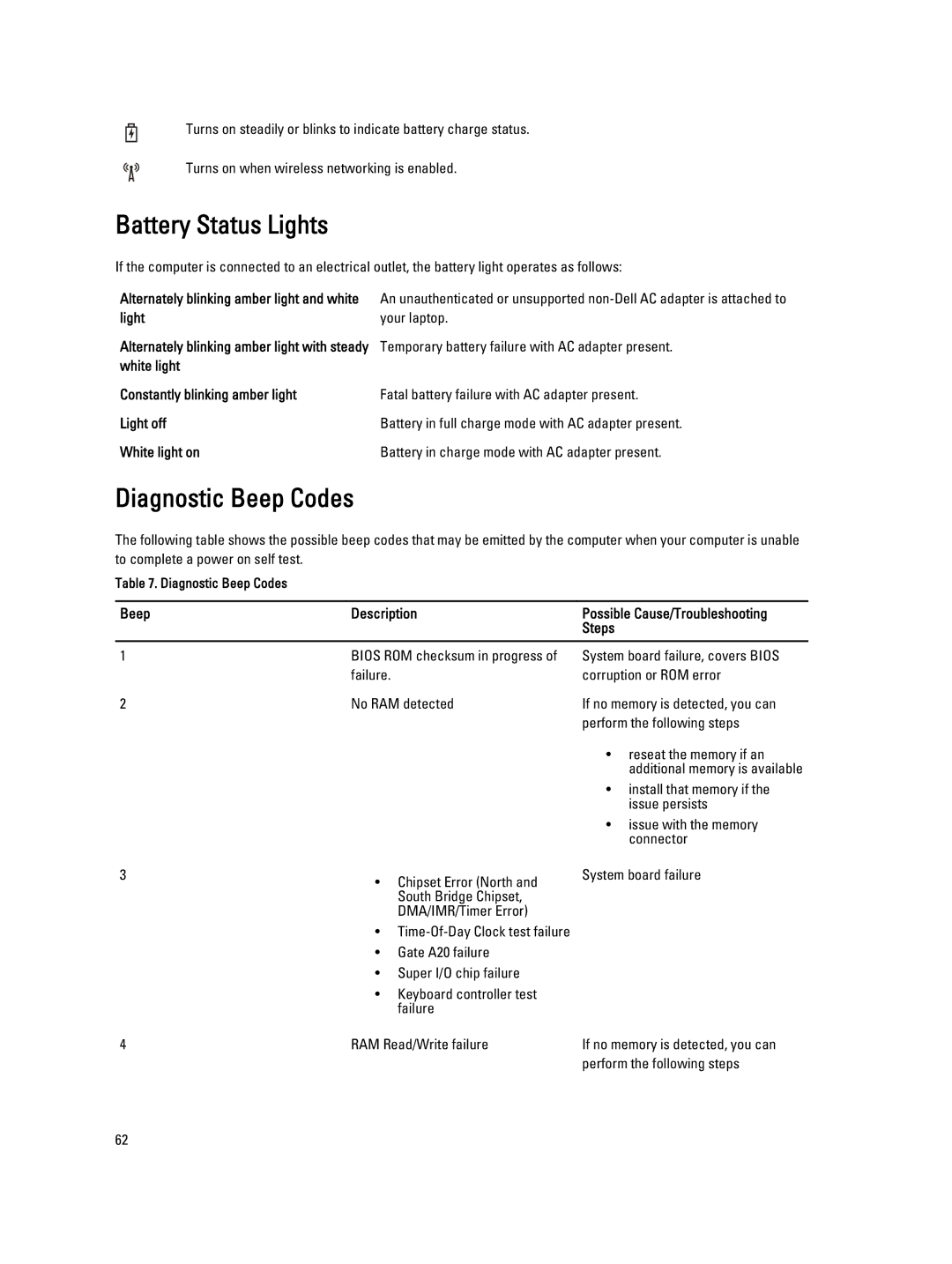 Dell 3560 owner manual Battery Status Lights, Diagnostic Beep Codes, Light Your laptop 