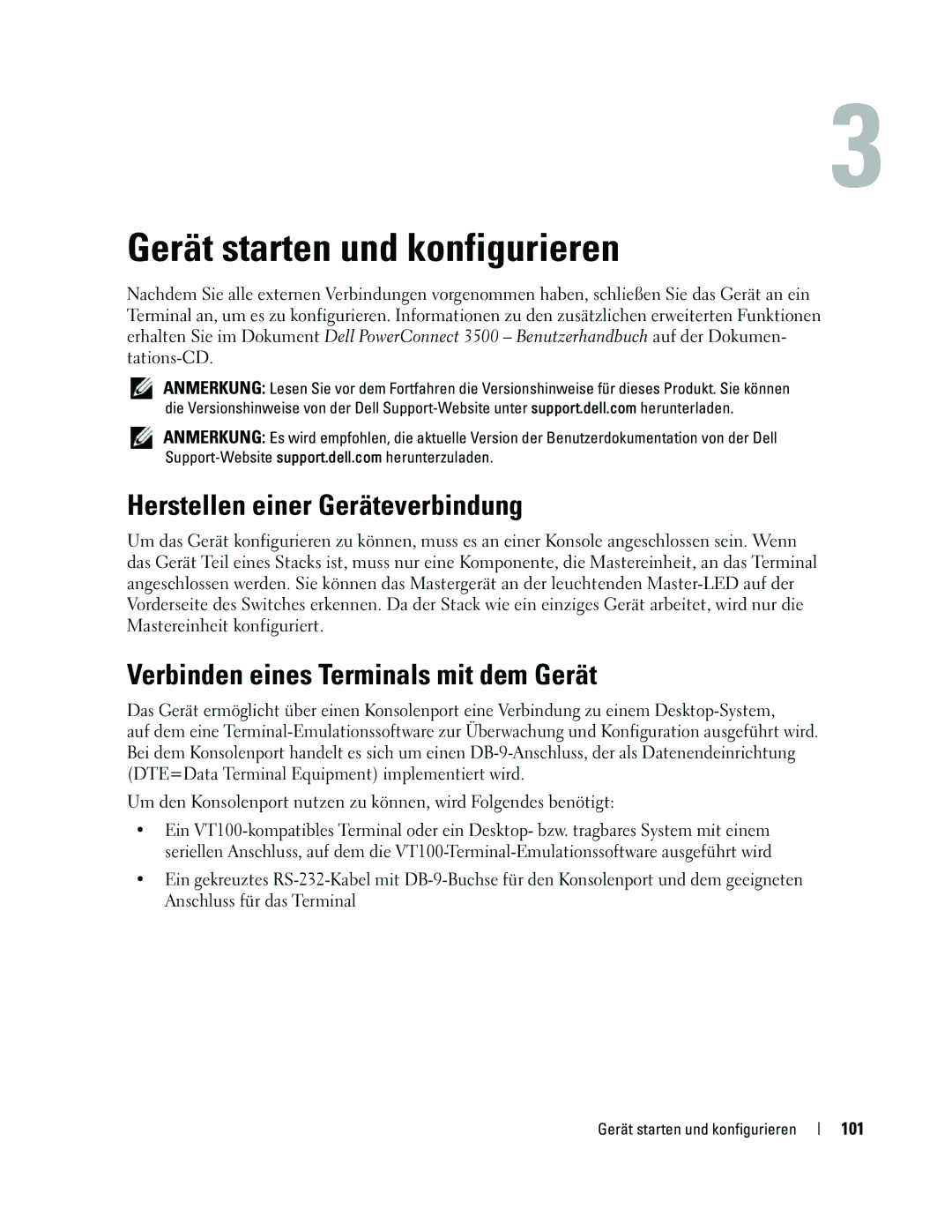 Dell 35XX Gerät starten und konfigurieren, Herstellen einer Geräteverbindung, Verbinden eines Terminals mit dem Gerät, 101 