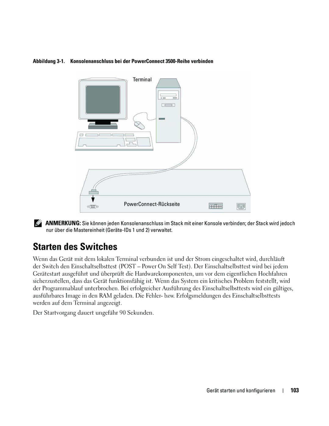 Dell 35XX manual Starten des Switches, Der Startvorgang dauert ungefähr 90 Sekunden, 103 