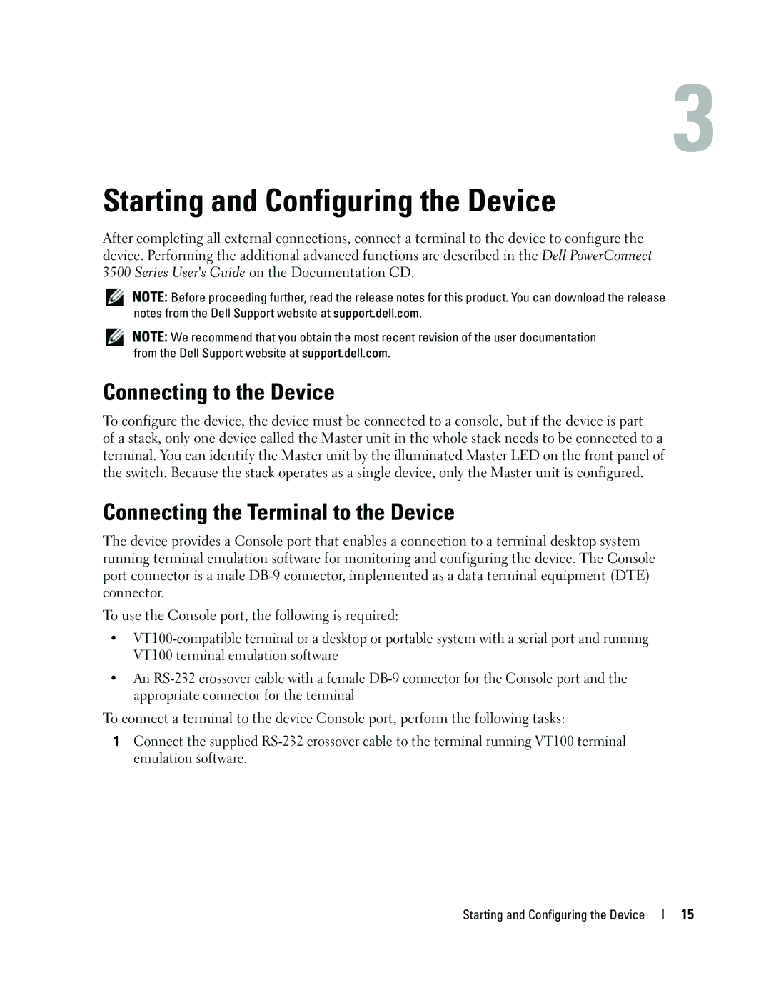 Dell 35XX manual Starting and Configuring the Device, Connecting to the Device, Connecting the Terminal to the Device 