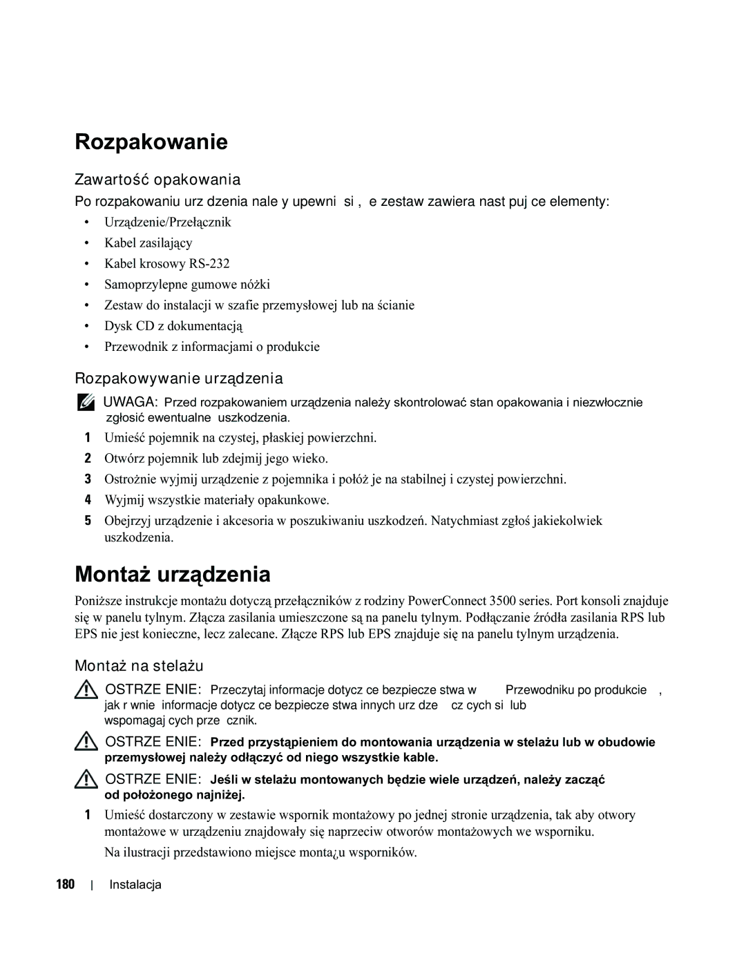 Dell 35XX manual Rozpakowanie, Montaż urządzenia, Zawartość opakowania, Rozpakowywanie urządzenia, Montaż na stelażu 